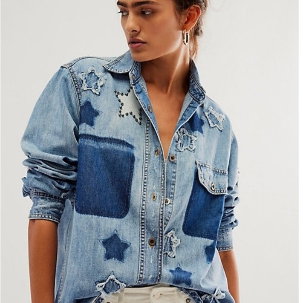 One Teaspoon/Free People Denim Star Patch Button-Up Shirt